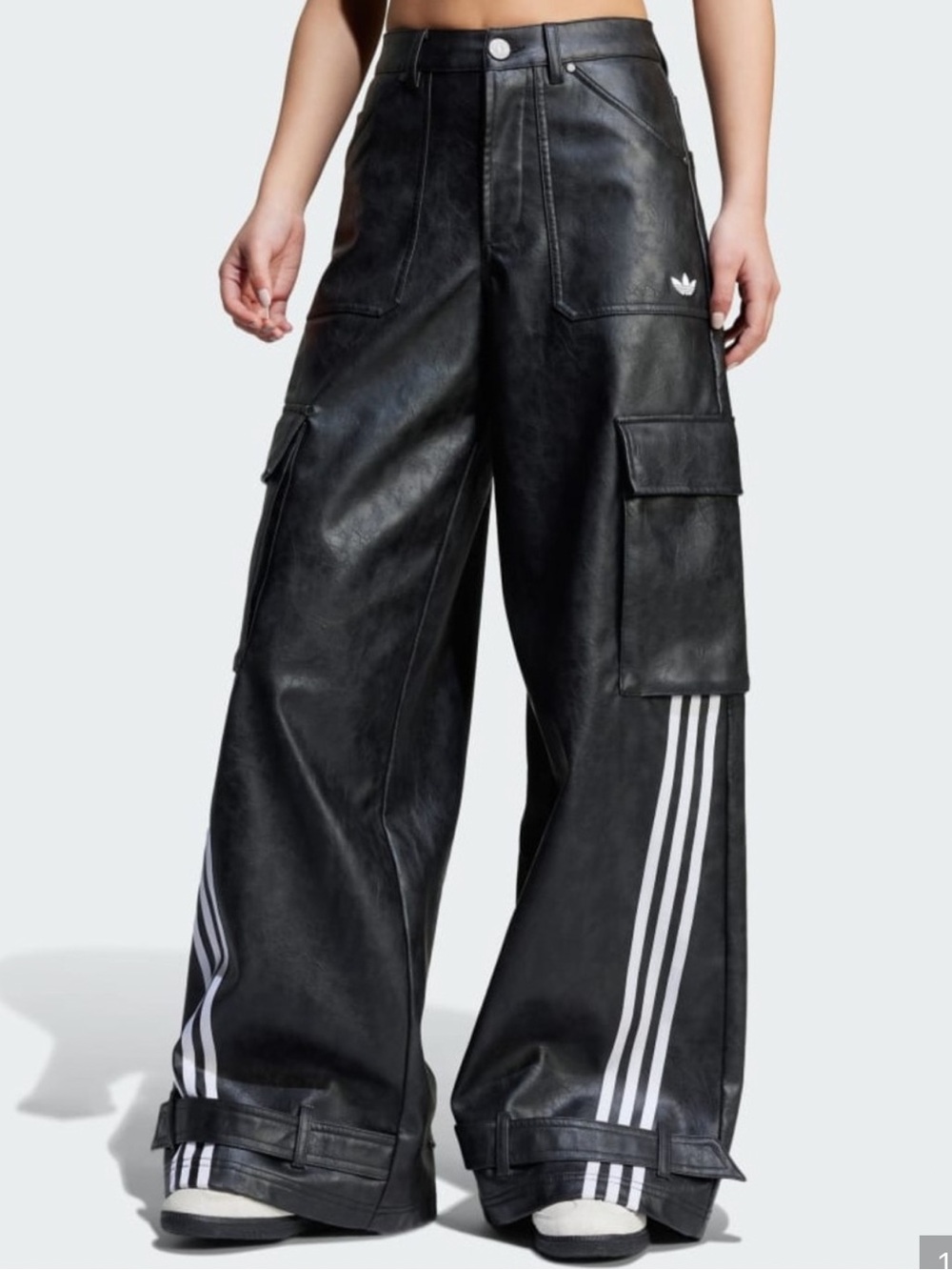 adidas Black Faux Leather Pants with White Side Stripes